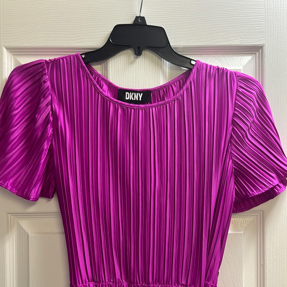 DKNY “silky” pleated dress with tie at waist , size 8